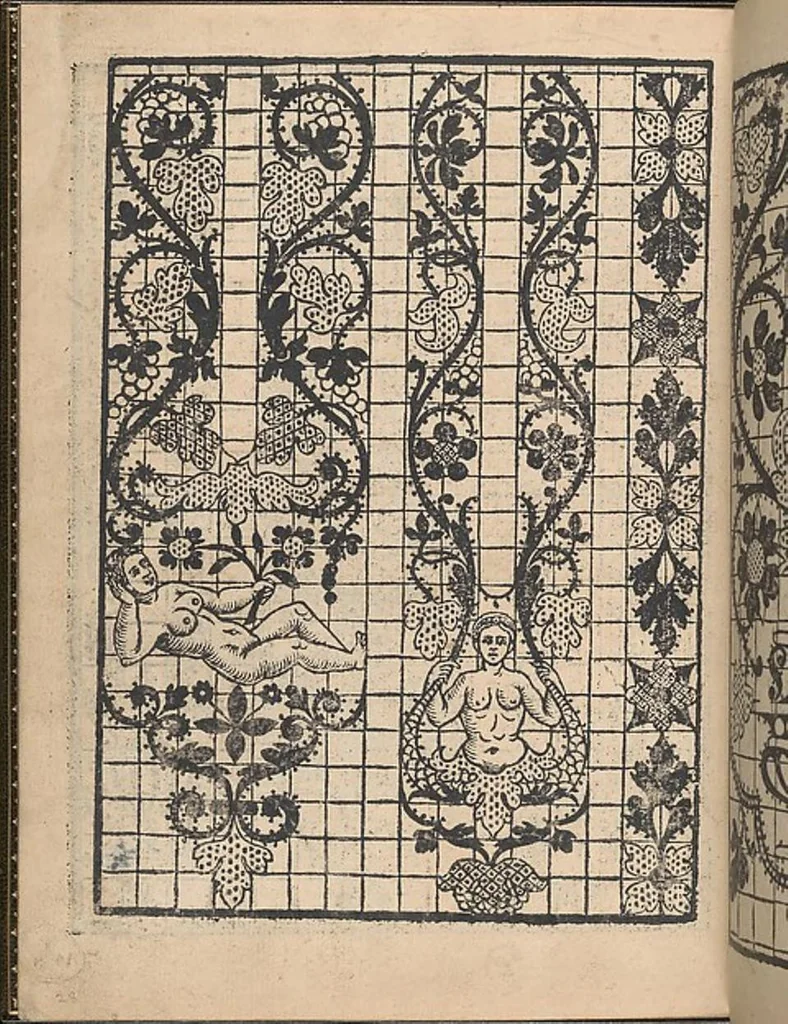 An illustration from La gloria et l'honore de ponti tagliati,ponti in aere. Opera nova,con somma diligenzia posta in luce, 1556, leaf 29
