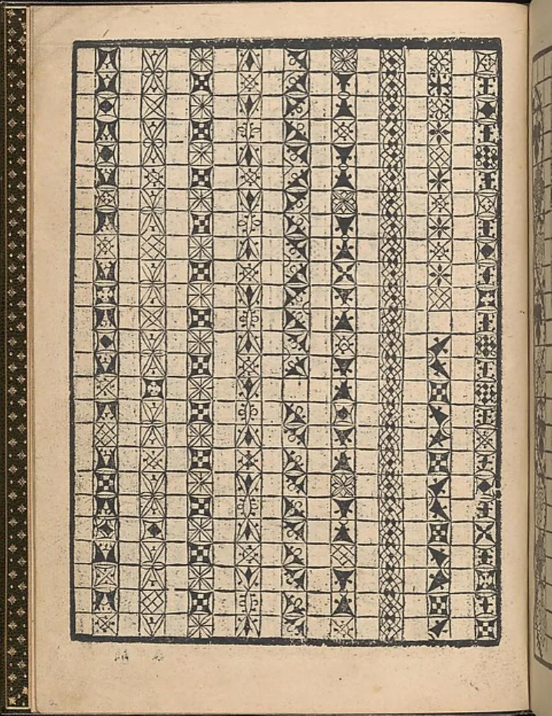 An illustration from La gloria et l'honore de ponti tagliati,ponti in aere. Opera nova,con somma diligenzia posta in luce, 1556, leaf 3