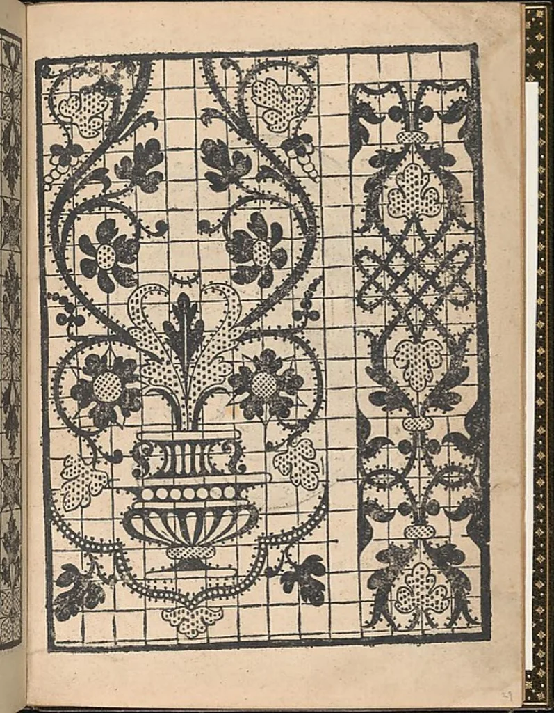 An illustration from La gloria et l'honore de ponti tagliati,ponti in aere. Opera nova,con somma diligenzia posta in luce, 1556, leaf 30