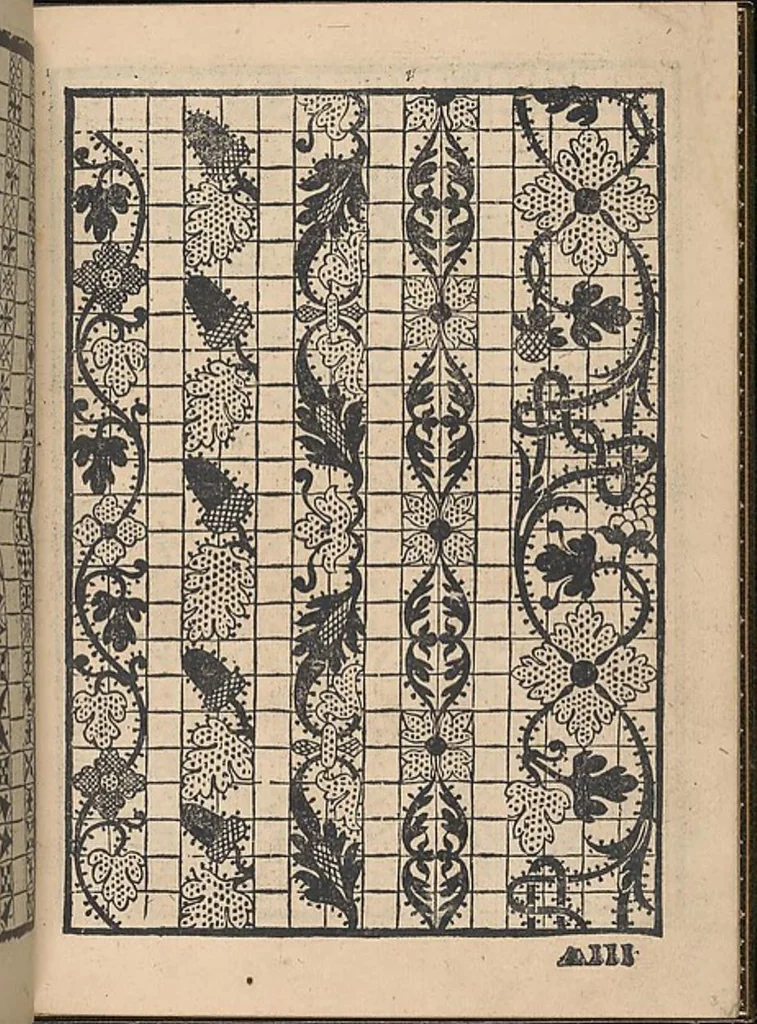 An illustration from La gloria et l'honore de ponti tagliati,ponti in aere. Opera nova,con somma diligenzia posta in luce, 1556, leaf 4