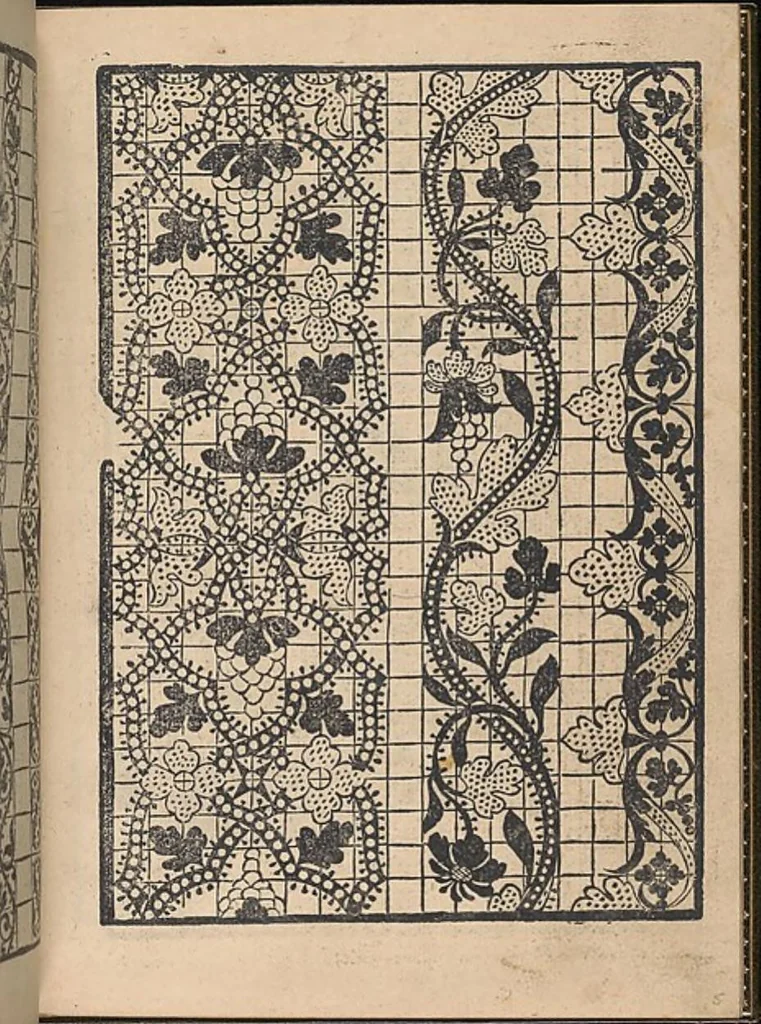 An illustration from La gloria et l'honore de ponti tagliati,ponti in aere. Opera nova,con somma diligenzia posta in luce, 1556, leaf 6