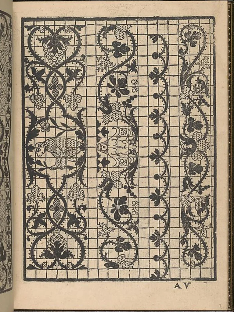 An illustration from La gloria et l'honore de ponti tagliati,ponti in aere. Opera nova,con somma diligenzia posta in luce, 1556, leaf 8