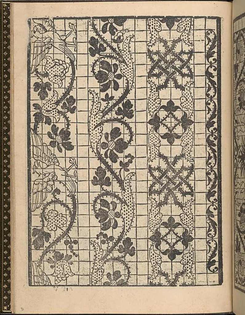 An illustration from La gloria et l'honore de ponti tagliati,ponti in aere. Opera nova,con somma diligenzia posta in luce, 1556, leaf 9