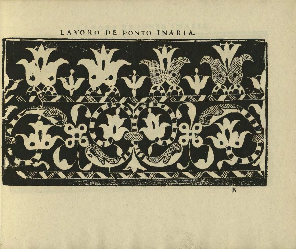 An illustration from Studio delle virtuose dame : doue si vedono bellissimi lauori di punto in aria, reticella, di maglia, 1597, leaf 12