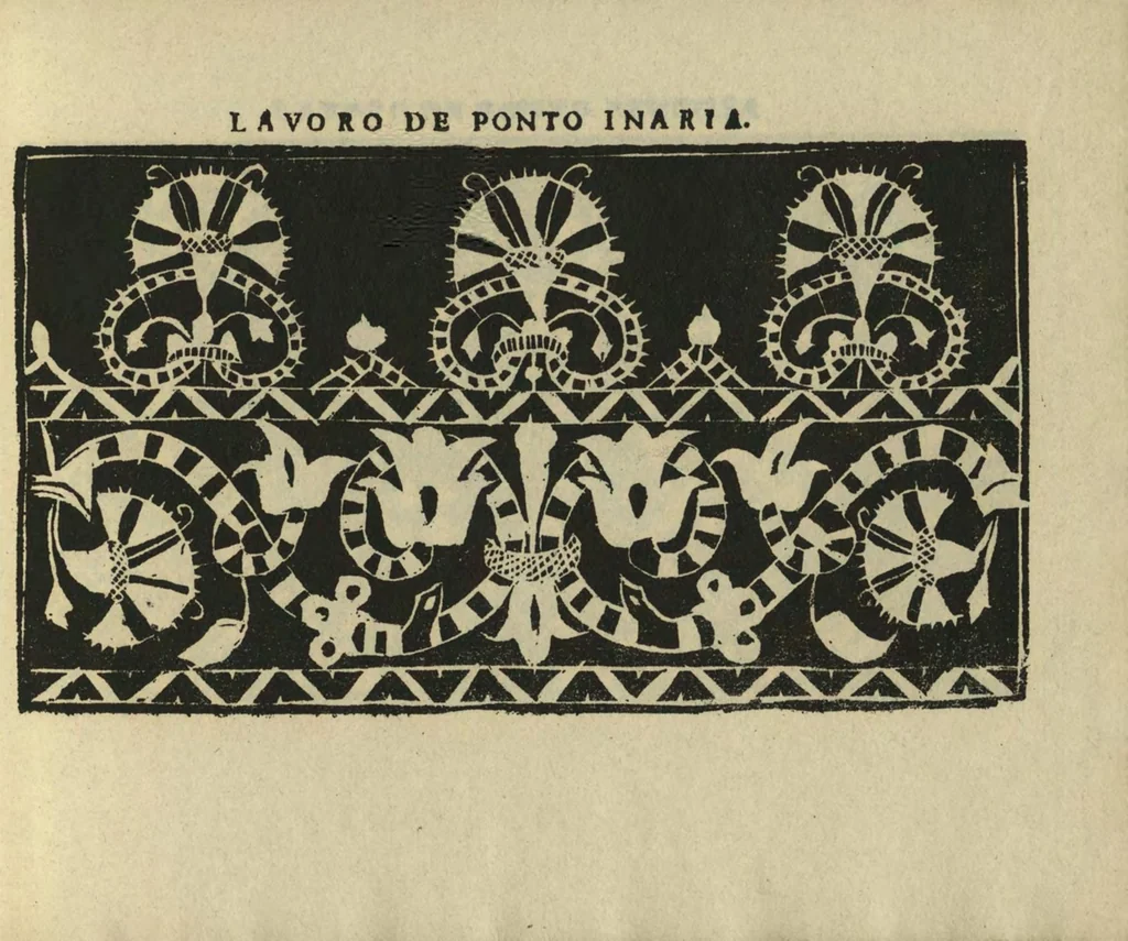 An illustration from Studio delle virtuose dame : doue si vedono bellissimi lauori di punto in aria, reticella, di maglia, 1597, leaf 34