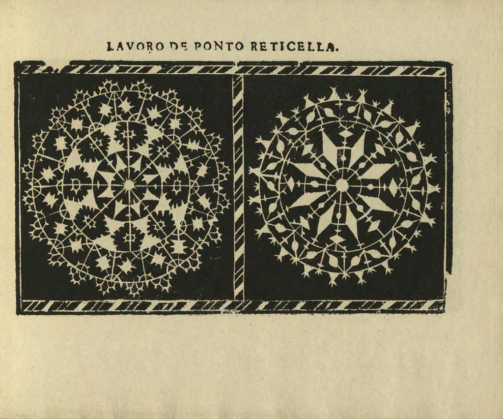 An illustration from Studio delle virtuose dame : doue si vedono bellissimi lauori di punto in aria, reticella, di maglia, 1597, leaf 38