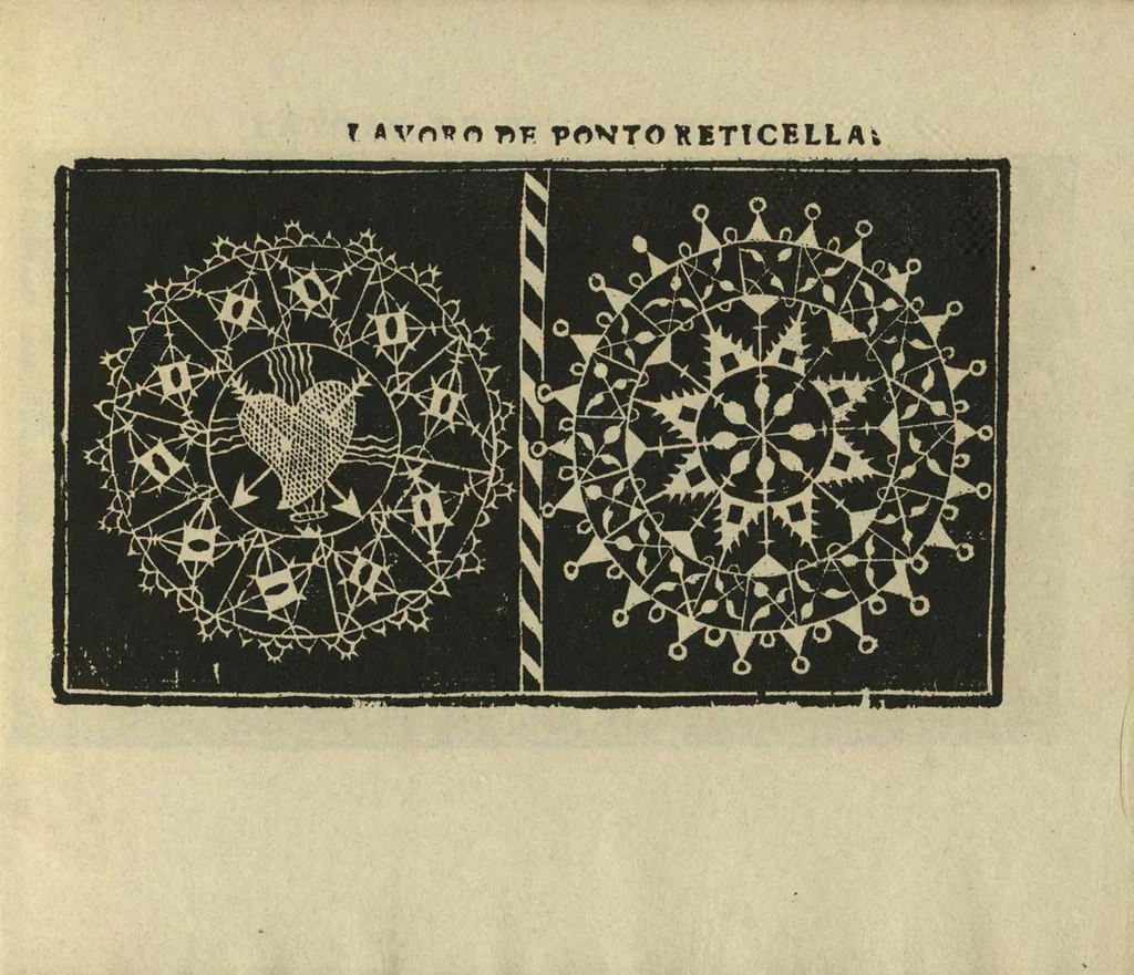 An illustration from Studio delle virtuose dame : doue si vedono bellissimi lauori di punto in aria, reticella, di maglia, 1597, leaf 42