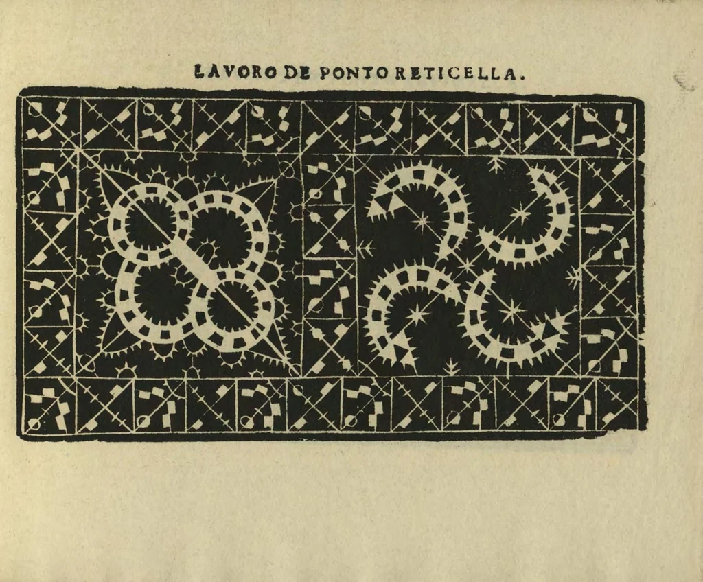 An illustration from Studio delle virtuose dame : doue si vedono bellissimi lauori di punto in aria, reticella, di maglia, 1597, leaf 62