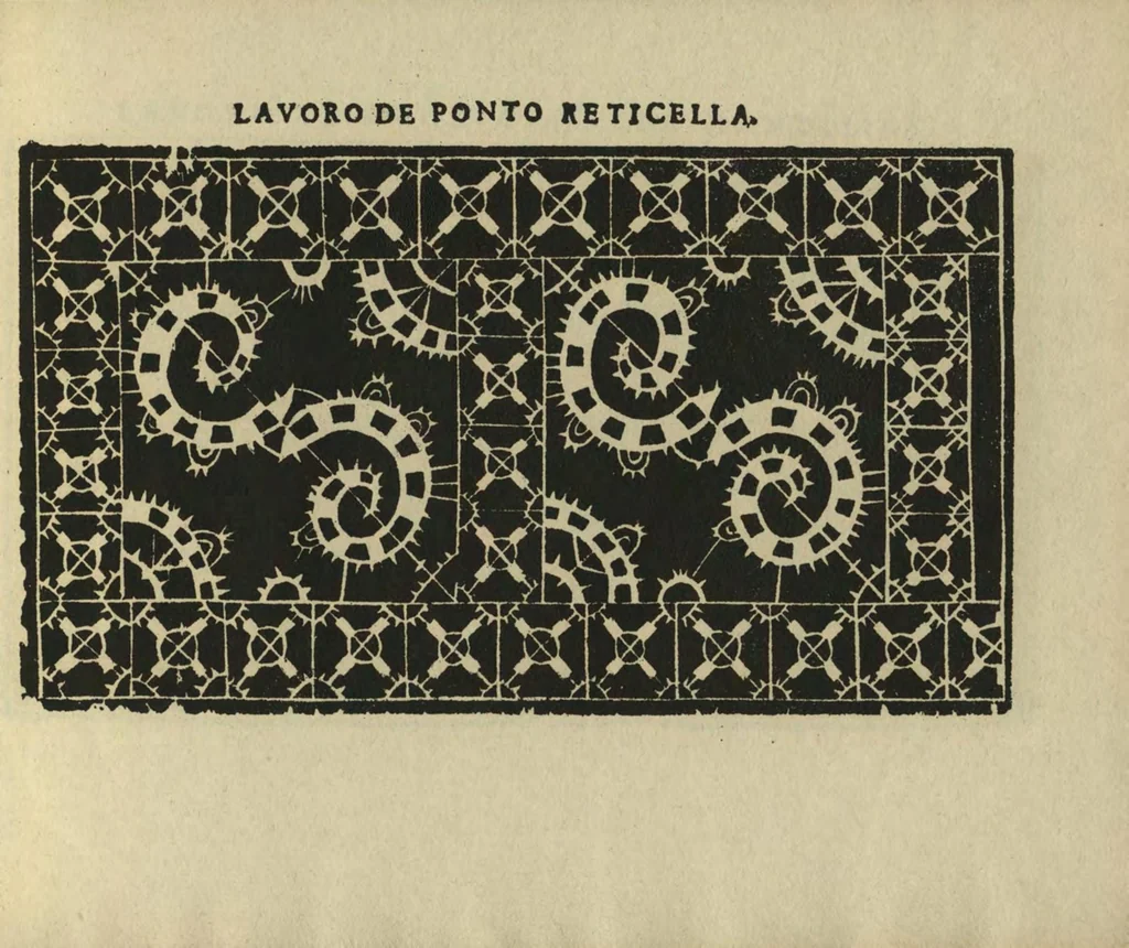 An illustration from Studio delle virtuose dame : doue si vedono bellissimi lauori di punto in aria, reticella, di maglia, 1597, leaf 66