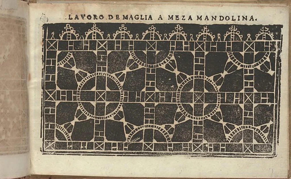 An illustration from Studio delle virtuose donne: Doue si vedono bellissimi lauori di punto in aria, reticella, di maglia. Dissegnati da Isabetta Catanea Parasole, 1597, leaf 34