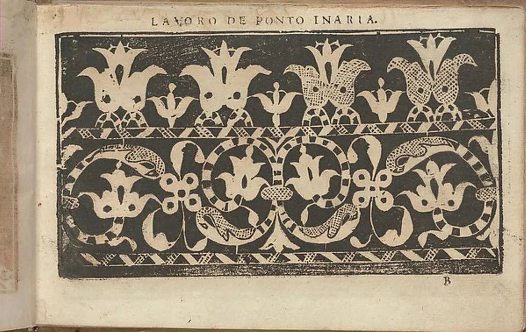 An illustration from Studio delle virtuose donne: Doue si vedono bellissimi lauori di punto in aria, reticella, di maglia. Dissegnati da Isabetta Catanea Parasole, 1597, leaf 4