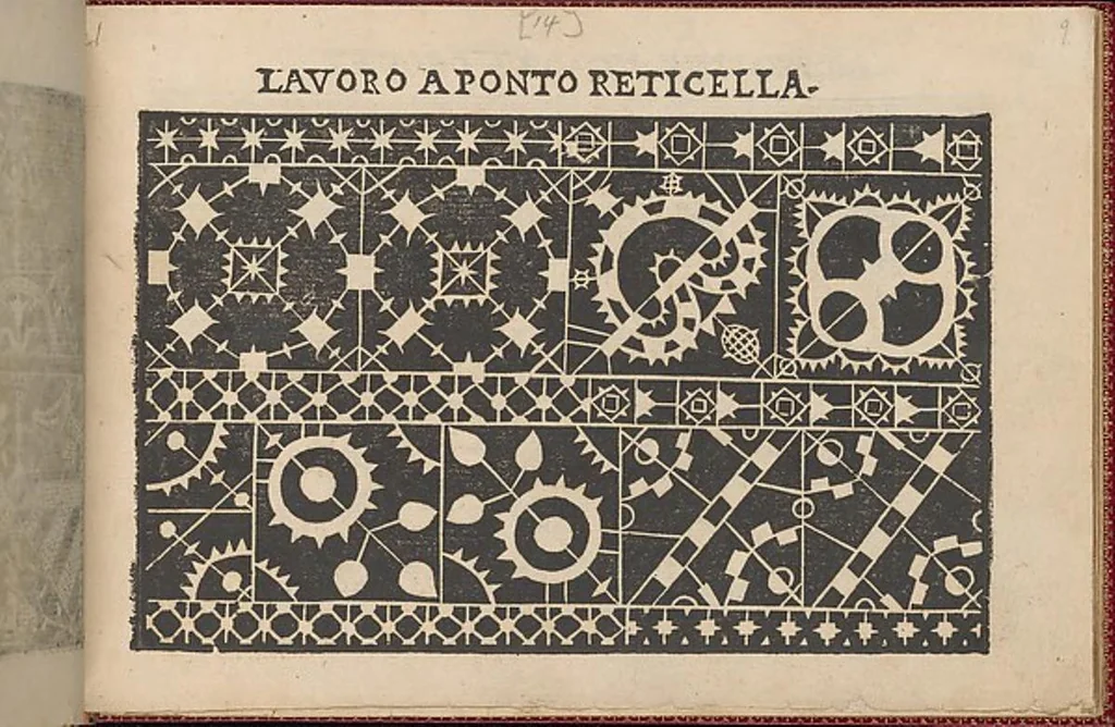 An illustration from Pretioso Gemma Delle Virtuose Donne Doue si vedono bellissimi lauori di punto in aria, reticella, di maglia,piombini, disegnati da Isabella Catanea Parasole.di nuouo dati in luce da Lucchino Gargano, con alcuni altri bellissimi lauori nuoua- mente inuentati., 1600, leaf 11