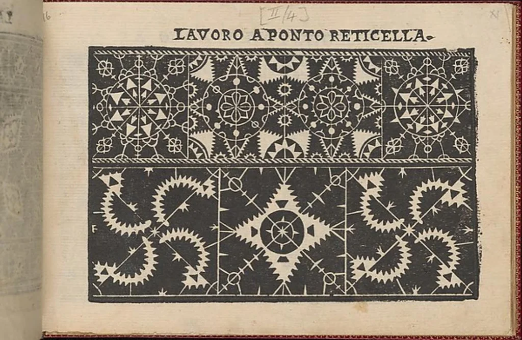 An illustration from Pretioso Gemma Delle Virtuose Donne Doue si vedono bellissimi lauori di punto in aria, reticella, di maglia,piombini, disegnati da Isabella Catanea Parasole.di nuouo dati in luce da Lucchino Gargano, con alcuni altri bellissimi lauori nuoua- mente inuentati., 1600, leaf 13