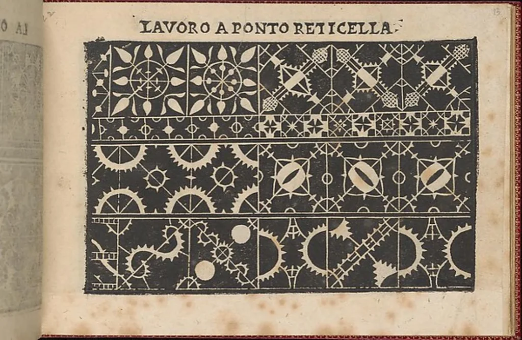 An illustration from Pretioso Gemma Delle Virtuose Donne Doue si vedono bellissimi lauori di punto in aria, reticella, di maglia,piombini, disegnati da Isabella Catanea Parasole.di nuouo dati in luce da Lucchino Gargano, con alcuni altri bellissimi lauori nuoua- mente inuentati., 1600, leaf 15