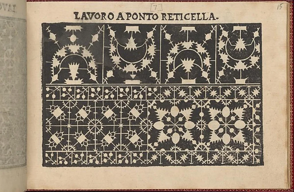 An illustration from Pretioso Gemma Delle Virtuose Donne Doue si vedono bellissimi lauori di punto in aria, reticella, di maglia,piombini, disegnati da Isabella Catanea Parasole.di nuouo dati in luce da Lucchino Gargano, con alcuni altri bellissimi lauori nuoua- mente inuentati., 1600, leaf 17