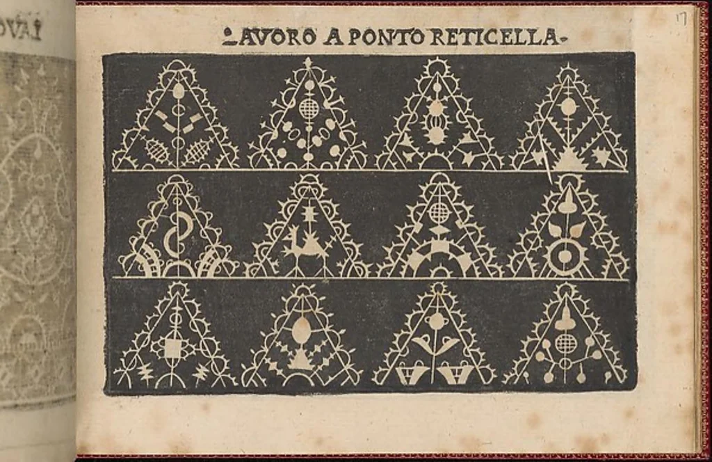 An illustration from Pretioso Gemma Delle Virtuose Donne Doue si vedono bellissimi lauori di punto in aria, reticella, di maglia,piombini, disegnati da Isabella Catanea Parasole.di nuouo dati in luce da Lucchino Gargano, con alcuni altri bellissimi lauori nuoua- mente inuentati., 1600, leaf 19