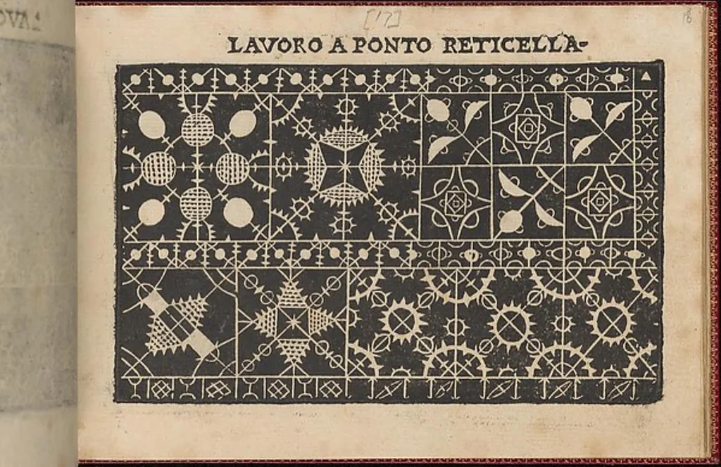 An illustration from Pretioso Gemma Delle Virtuose Donne Doue si vedono bellissimi lauori di punto in aria, reticella, di maglia,piombini, disegnati da Isabella Catanea Parasole.di nuouo dati in luce da Lucchino Gargano, con alcuni altri bellissimi lauori nuoua- mente inuentati., 1600, leaf 20