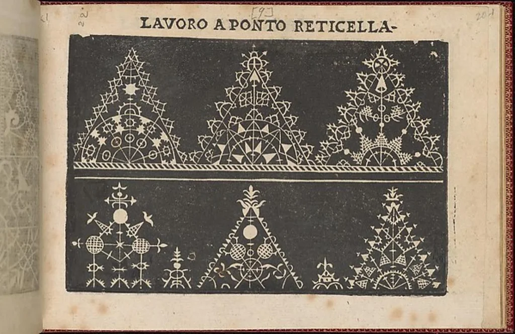 An illustration from Pretioso Gemma Delle Virtuose Donne Doue si vedono bellissimi lauori di punto in aria, reticella, di maglia,piombini, disegnati da Isabella Catanea Parasole.di nuouo dati in luce da Lucchino Gargano, con alcuni altri bellissimi lauori nuoua- mente inuentati., 1600, leaf 22
