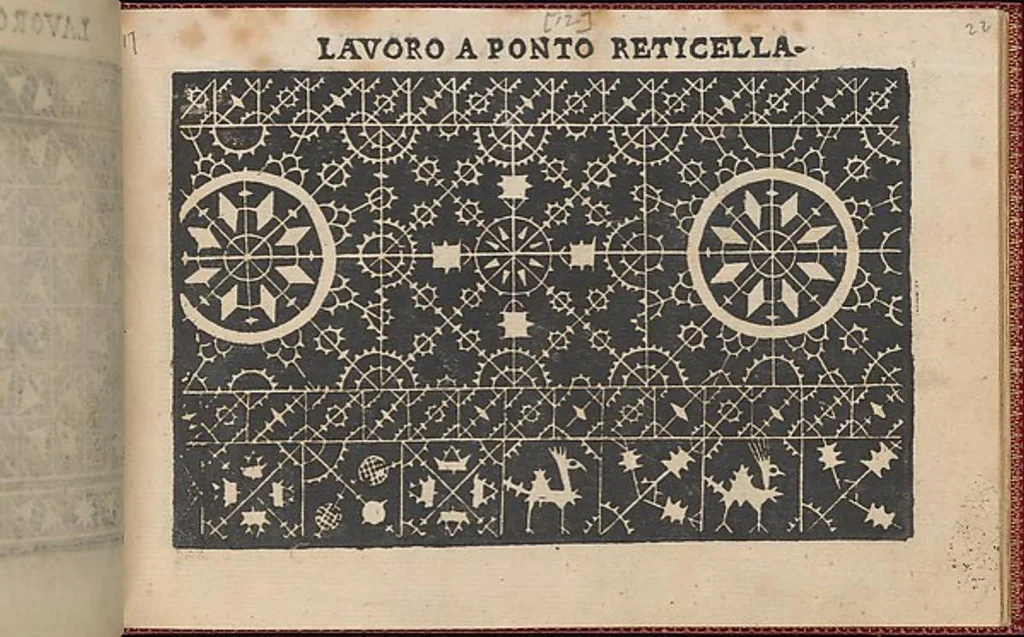 An illustration from Pretioso Gemma Delle Virtuose Donne Doue si vedono bellissimi lauori di punto in aria, reticella, di maglia,piombini, disegnati da Isabella Catanea Parasole.di nuouo dati in luce da Lucchino Gargano, con alcuni altri bellissimi lauori nuoua- mente inuentati., 1600, leaf 24