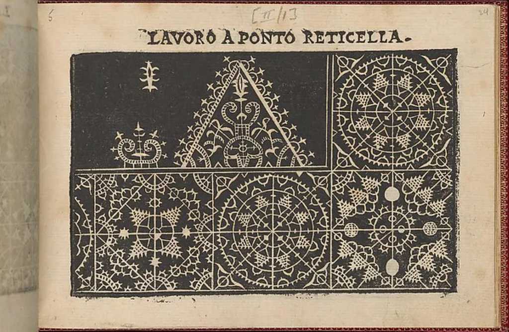 An illustration from Pretioso Gemma Delle Virtuose Donne Doue si vedono bellissimi lauori di punto in aria, reticella, di maglia,piombini, disegnati da Isabella Catanea Parasole.di nuouo dati in luce da Lucchino Gargano, con alcuni altri bellissimi lauori nuoua- mente inuentati., 1600, leaf 26
