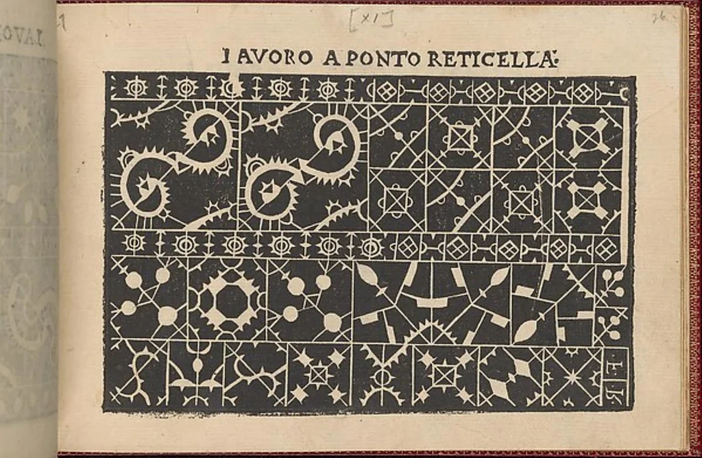 An illustration from Pretioso Gemma Delle Virtuose Donne Doue si vedono bellissimi lauori di punto in aria, reticella, di maglia,piombini, disegnati da Isabella Catanea Parasole.di nuouo dati in luce da Lucchino Gargano, con alcuni altri bellissimi lauori nuoua- mente inuentati., 1600, leaf 28
