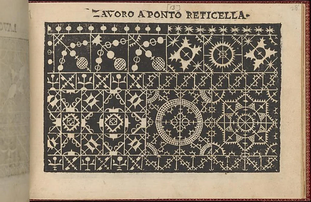 An illustration from Pretioso Gemma Delle Virtuose Donne Doue si vedono bellissimi lauori di punto in aria, reticella, di maglia,piombini, disegnati da Isabella Catanea Parasole.di nuouo dati in luce da Lucchino Gargano, con alcuni altri bellissimi lauori nuoua- mente inuentati., 1600, leaf 30