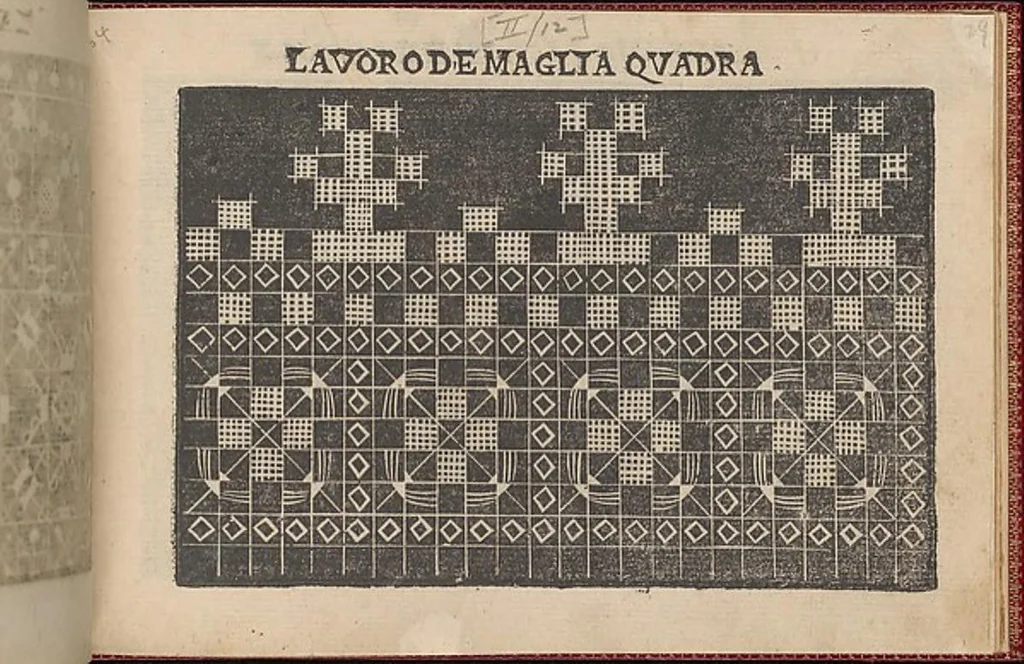 An illustration from Pretioso Gemma Delle Virtuose Donne Doue si vedono bellissimi lauori di punto in aria, reticella, di maglia,piombini, disegnati da Isabella Catanea Parasole.di nuouo dati in luce da Lucchino Gargano, con alcuni altri bellissimi lauori nuoua- mente inuentati., 1600, leaf 31