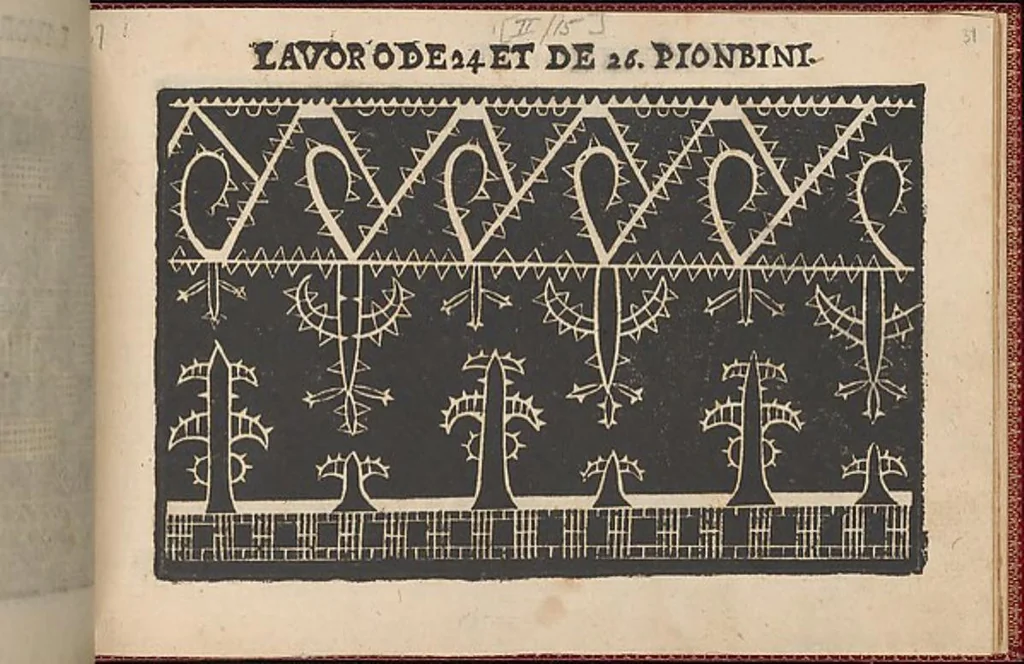 An illustration from Pretioso Gemma Delle Virtuose Donne Doue si vedono bellissimi lauori di punto in aria, reticella, di maglia,piombini, disegnati da Isabella Catanea Parasole.di nuouo dati in luce da Lucchino Gargano, con alcuni altri bellissimi lauori nuoua- mente inuentati., 1600, leaf 33