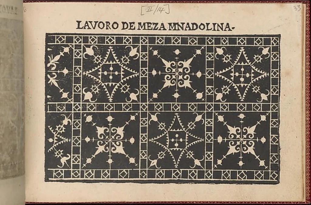 An illustration from Pretioso Gemma Delle Virtuose Donne Doue si vedono bellissimi lauori di punto in aria, reticella, di maglia,piombini, disegnati da Isabella Catanea Parasole.di nuouo dati in luce da Lucchino Gargano, con alcuni altri bellissimi lauori nuoua- mente inuentati., 1600, leaf 35