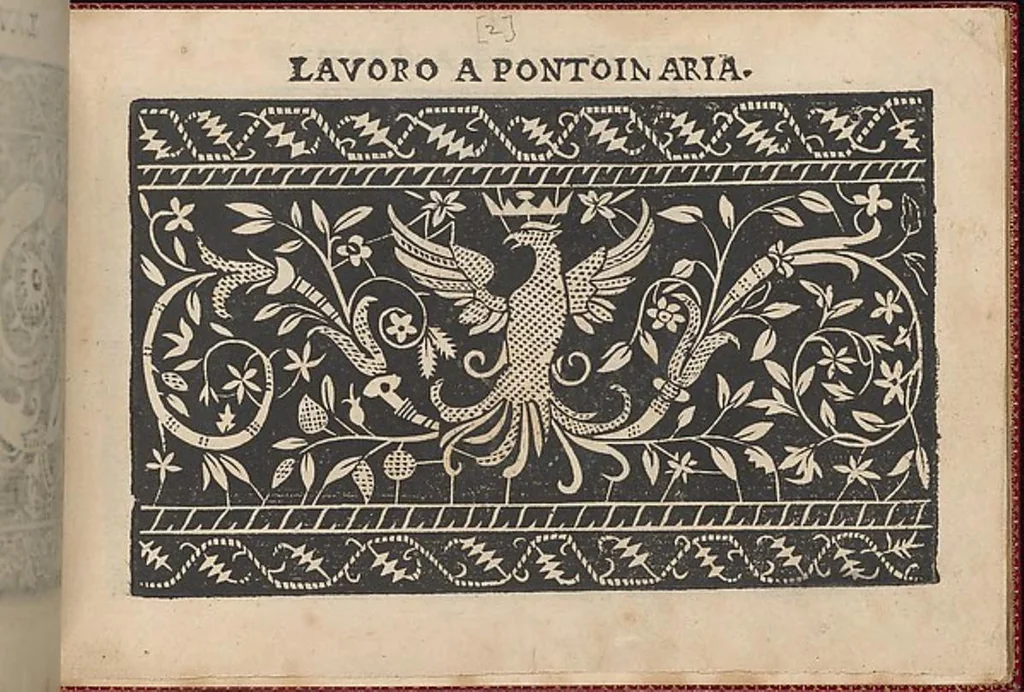An illustration from Pretioso Gemma Delle Virtuose Donne Doue si vedono bellissimi lauori di punto in aria, reticella, di maglia,piombini, disegnati da Isabella Catanea Parasole.di nuouo dati in luce da Lucchino Gargano, con alcuni altri bellissimi lauori nuoua- mente inuentati., 1600, leaf 4