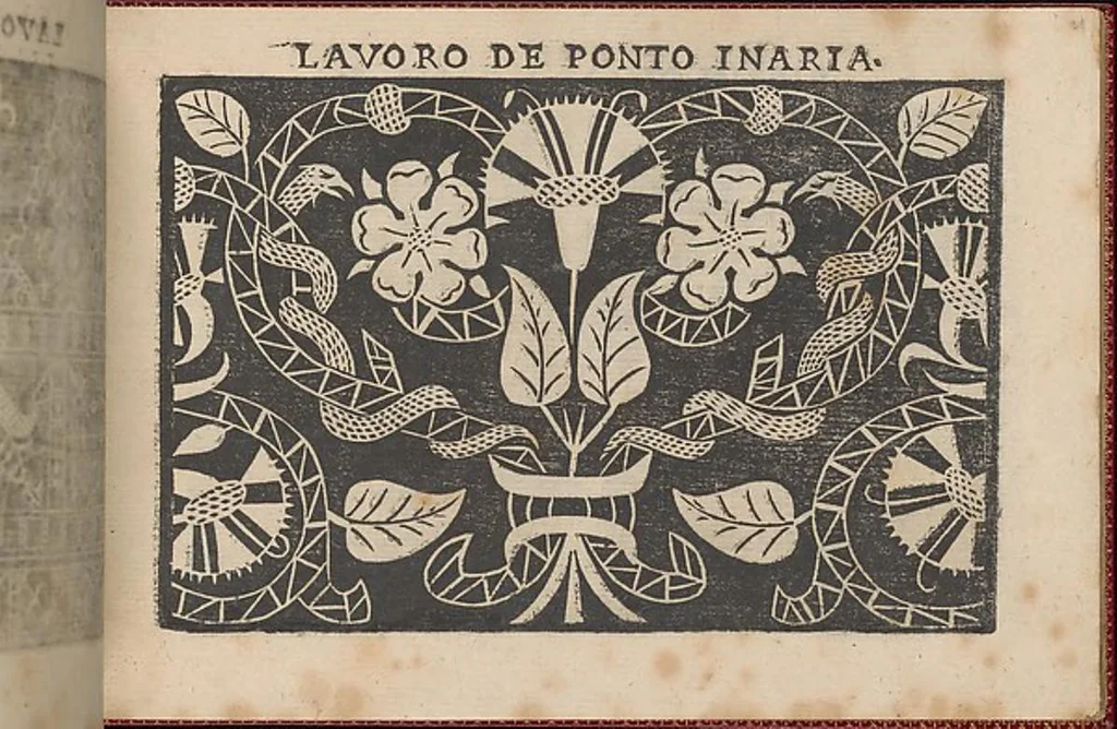 An illustration from Pretioso Gemma Delle Virtuose Donne Doue si vedono bellissimi lauori di punto in aria, reticella, di maglia,piombini, disegnati da Isabella Catanea Parasole.di nuouo dati in luce da Lucchino Gargano, con alcuni altri bellissimi lauori nuoua- mente inuentati., 1600, leaf 6
