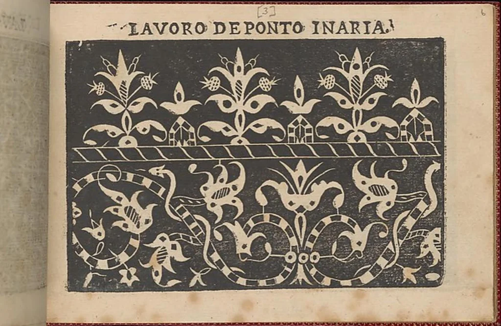 An illustration from Pretioso Gemma Delle Virtuose Donne Doue si vedono bellissimi lauori di punto in aria, reticella, di maglia,piombini, disegnati da Isabella Catanea Parasole.di nuouo dati in luce da Lucchino Gargano, con alcuni altri bellissimi lauori nuoua- mente inuentati., 1600, leaf 8