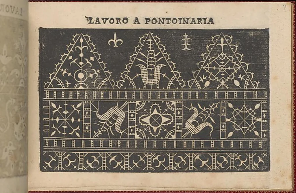 An illustration from Pretioso Gemma Delle Virtuose Donne Doue si vedono bellissimi lauori di punto in aria, reticella, di maglia,piombini, disegnati da Isabella Catanea Parasole.di nuouo dati in luce da Lucchino Gargano, con alcuni altri bellissimi lauori nuoua- mente inuentati., 1600, leaf 9