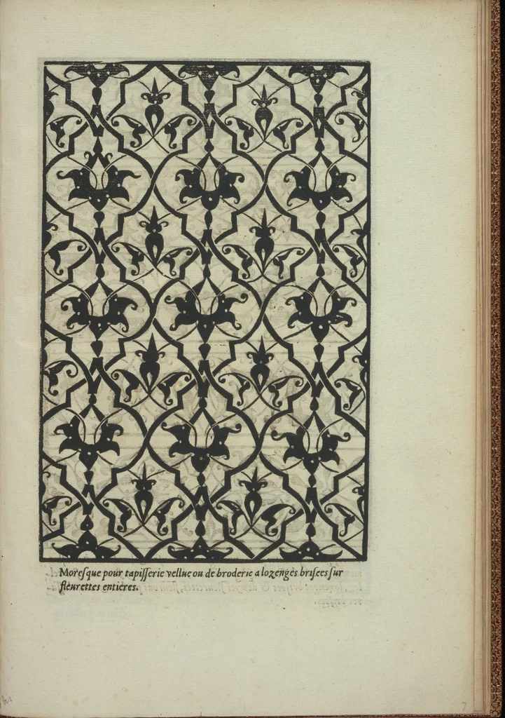 An illustration from Livre de Moresques. Tres utile et necessaire à tous orfevres, tailleurs, graveurs, paictres, tapissiers, brodeurs, lingieres, et femmes qui besognent de lesguille, 1546, leaf 12