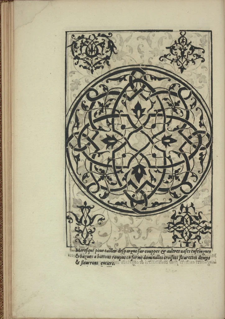 An illustration from Livre de Moresques. Tres utile et necessaire à tous orfevres, tailleurs, graveurs, paictres, tapissiers, brodeurs, lingieres, et femmes qui besognent de lesguille, 1546, leaf 25