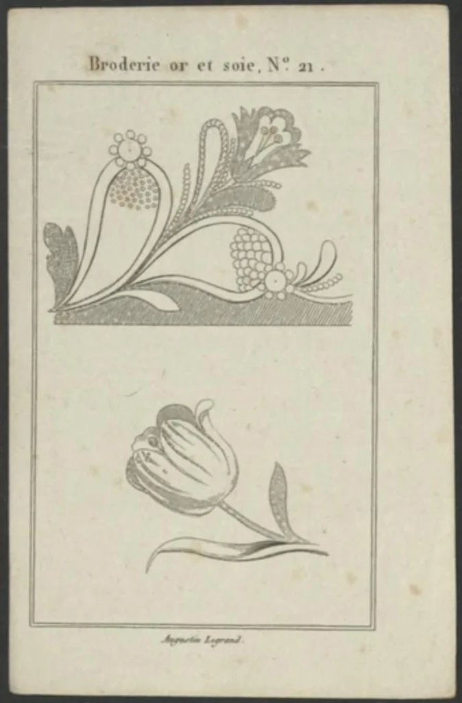 An illustration from Petit necessaire des jeunes demoiselles : recueil d'exemples de marque, broderie, filet, tricot, bourses en perles de couleurs / texte explicatif par A. Legrand., 1819, leaf 103