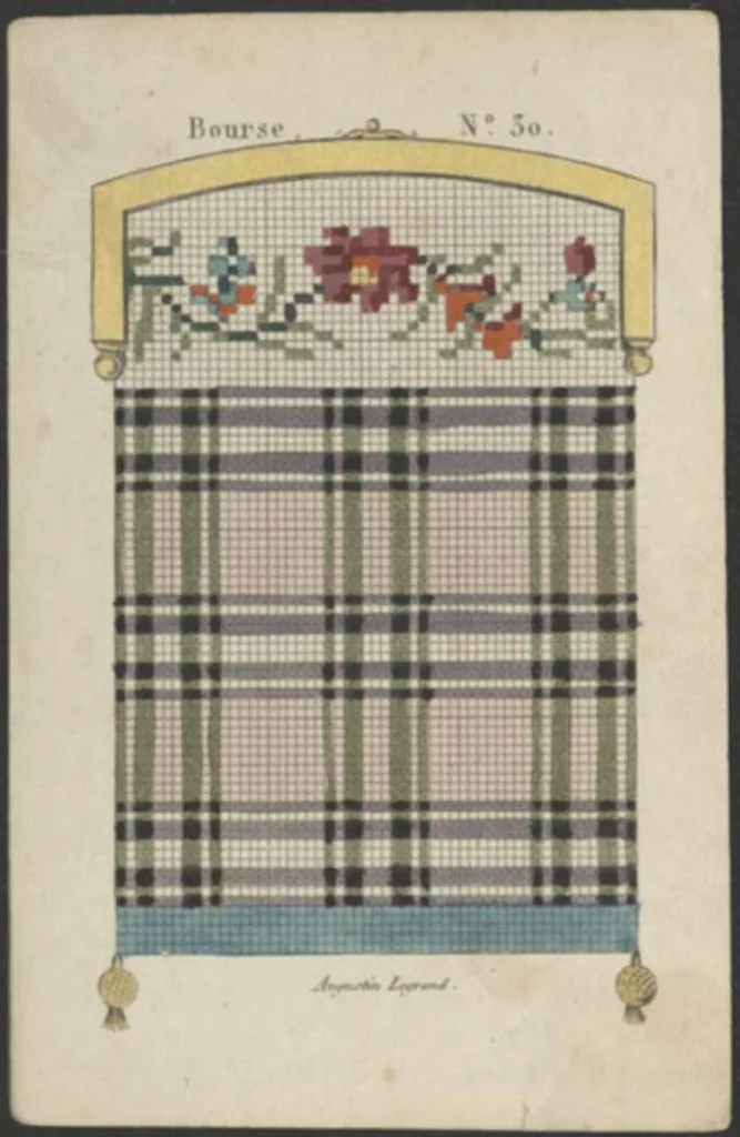 An illustration from Petit necessaire des jeunes demoiselles : recueil d'exemples de marque, broderie, filet, tricot, bourses en perles de couleurs / texte explicatif par A. Legrand., 1819, leaf 121