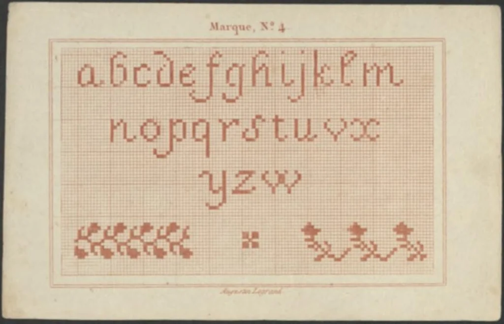 An illustration from Petit necessaire des jeunes demoiselles : recueil d'exemples de marque, broderie, filet, tricot, bourses en perles de couleurs / texte explicatif par A. Legrand., 1819, leaf 75
