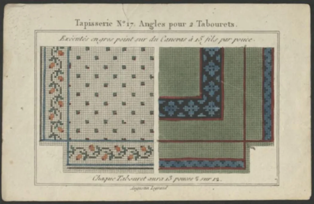 An illustration from Petit necessaire des jeunes demoiselles : recueil d'exemples de marque, broderie, filet, tricot, bourses en perles de couleurs / texte explicatif par A. Legrand., 1819, leaf 95