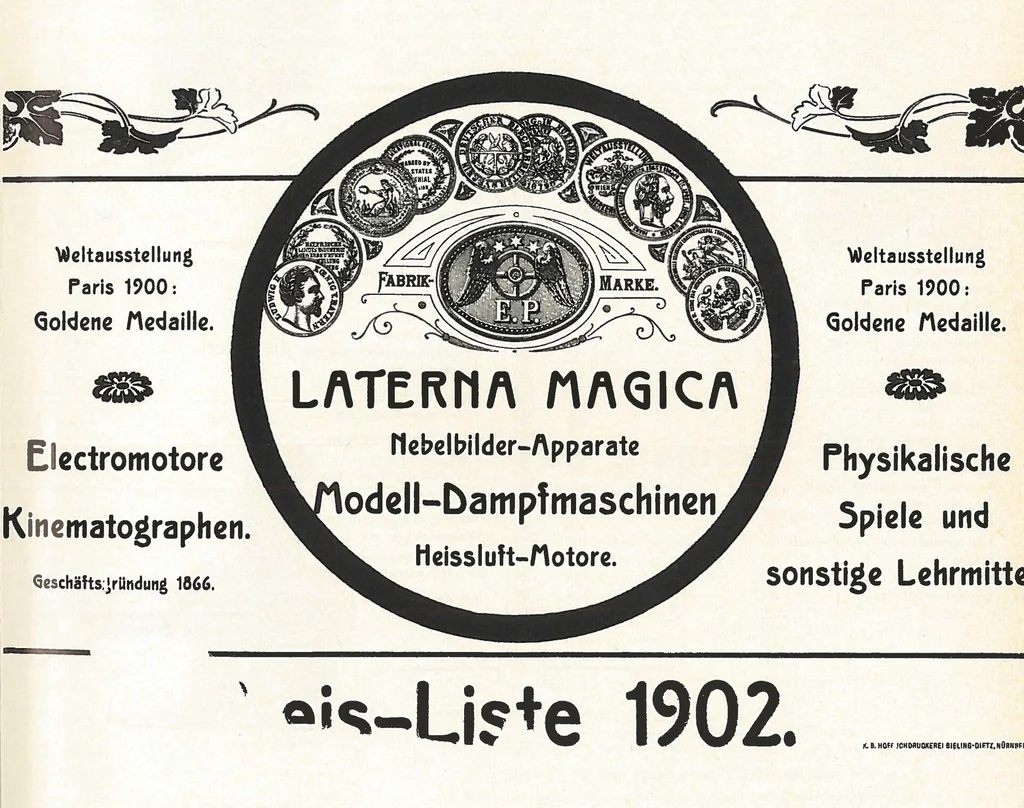 An illustration from Preis-Liste 1902. Laterna Magica, Nebelbild-Apparate, Modell-Dampfmaschinen Heissluft-Motore, 1902, leaf 0