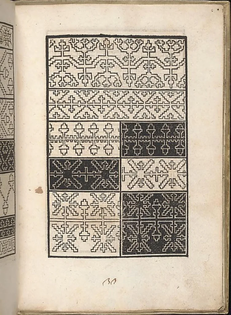 An illustration from Eyn new kunstlich boich dair yn .c. und .XXXVII. Figuren, monster ad `stalen befonden, wie man na der rechter art lauffer werck spansche stiche mit der naelen vort up der ramen und up der laden borden wirckenn sall wilche stalen alltzo somen verbessert synt., 1529, leaf 11
