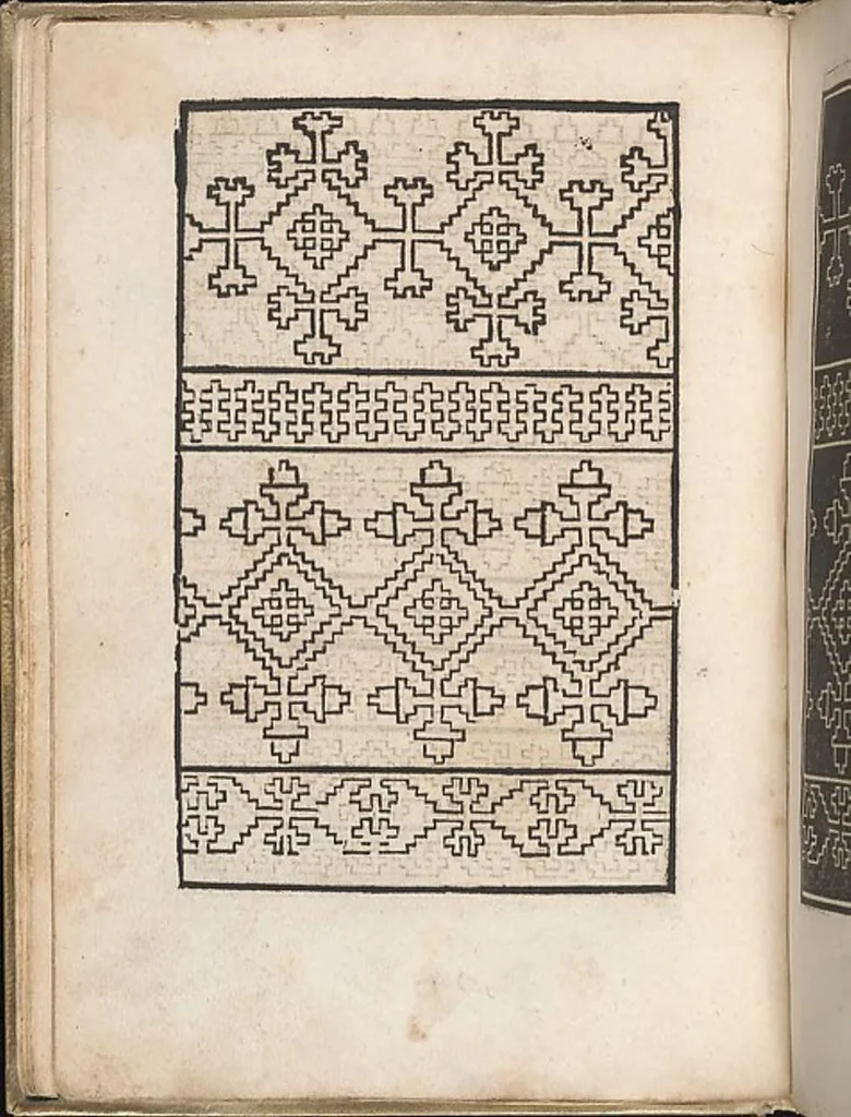 An illustration from Eyn new kunstlich boich dair yn .c. und .XXXVII. Figuren, monster ad `stalen befonden, wie man na der rechter art lauffer werck spansche stiche mit der naelen vort up der ramen und up der laden borden wirckenn sall wilche stalen alltzo somen verbessert synt., 1529, leaf 14