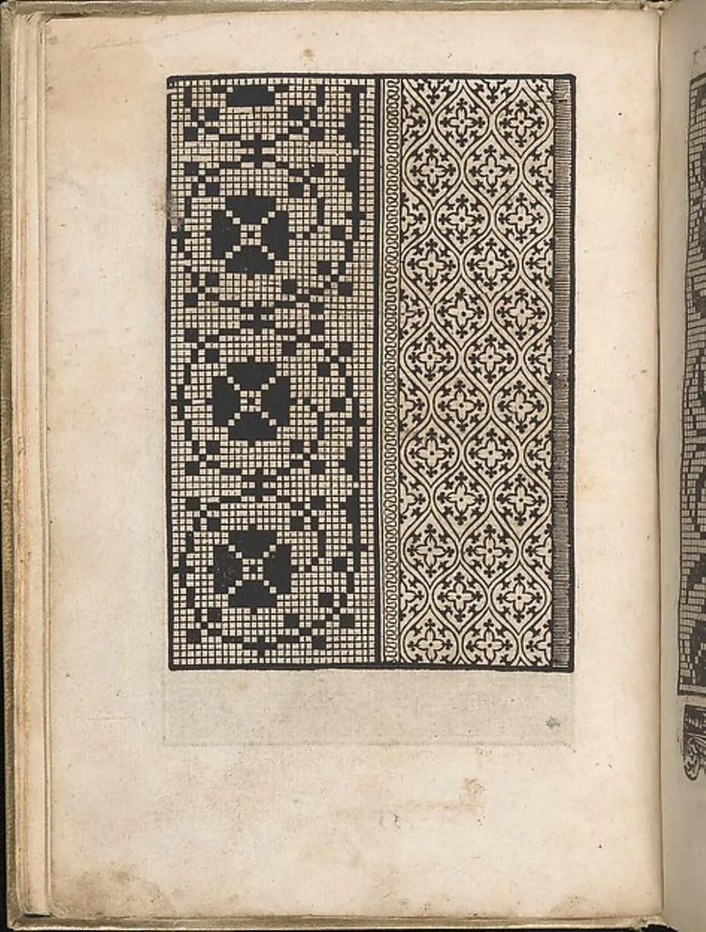 An illustration from Eyn new kunstlich boich dair yn .c. und .XXXVII. Figuren, monster ad `stalen befonden, wie man na der rechter art lauffer werck spansche stiche mit der naelen vort up der ramen und up der laden borden wirckenn sall wilche stalen alltzo somen verbessert synt., 1529, leaf 16