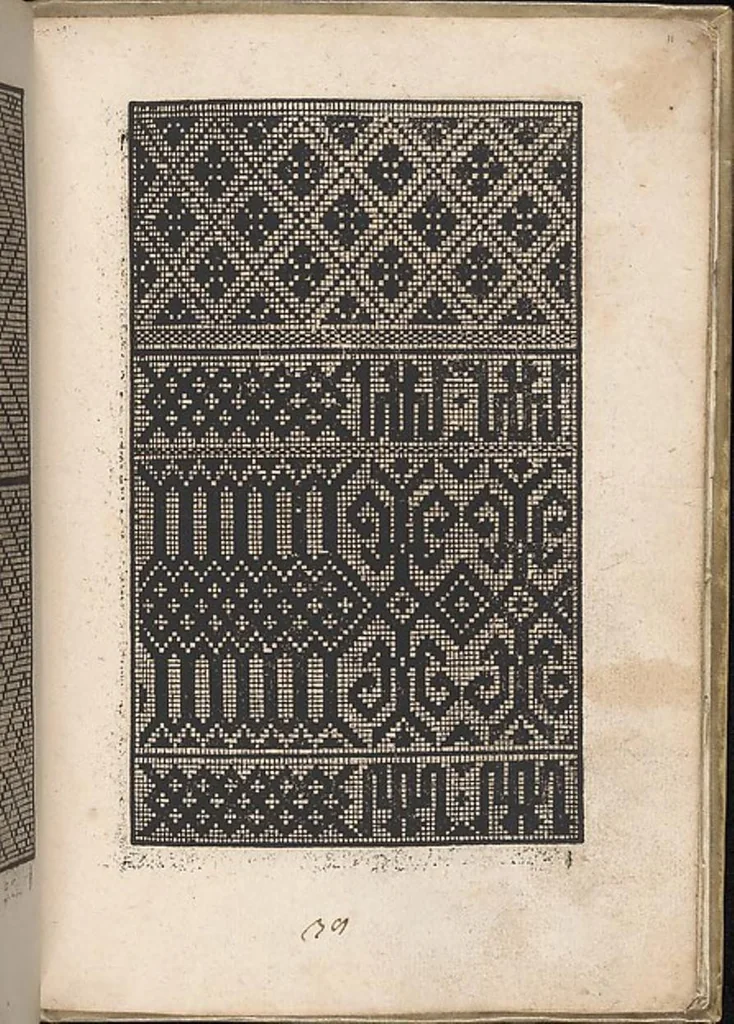An illustration from Eyn new kunstlich boich dair yn .c. und .XXXVII. Figuren, monster ad `stalen befonden, wie man na der rechter art lauffer werck spansche stiche mit der naelen vort up der ramen und up der laden borden wirckenn sall wilche stalen alltzo somen verbessert synt., 1529, leaf 21