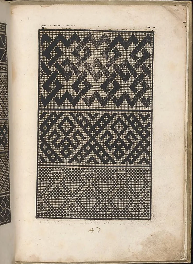 An illustration from Eyn new kunstlich boich dair yn .c. und .XXXVII. Figuren, monster ad `stalen befonden, wie man na der rechter art lauffer werck spansche stiche mit der naelen vort up der ramen und up der laden borden wirckenn sall wilche stalen alltzo somen verbessert synt., 1529, leaf 39