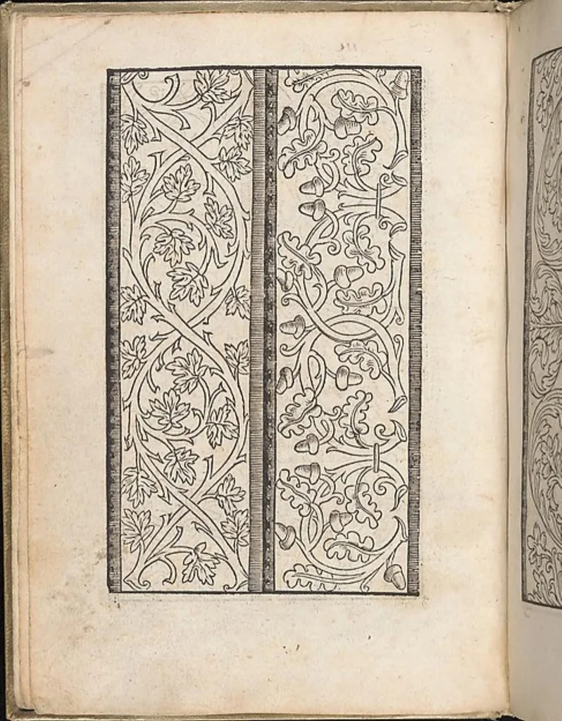 An illustration from Eyn new kunstlich boich dair yn .c. und .XXXVII. Figuren, monster ad `stalen befonden, wie man na der rechter art lauffer werck spansche stiche mit der naelen vort up der ramen und up der laden borden wirckenn sall wilche stalen alltzo somen verbessert synt., 1529, leaf 4