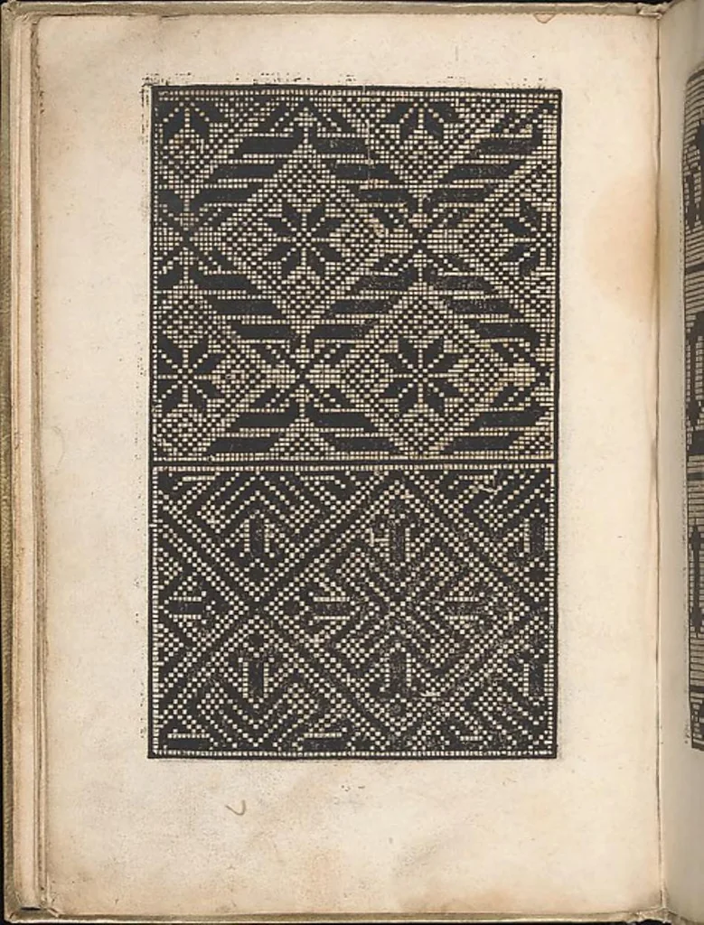 An illustration from Eyn new kunstlich boich dair yn .c. und .XXXVII. Figuren, monster ad `stalen befonden, wie man na der rechter art lauffer werck spansche stiche mit der naelen vort up der ramen und up der laden borden wirckenn sall wilche stalen alltzo somen verbessert synt., 1529, leaf 44