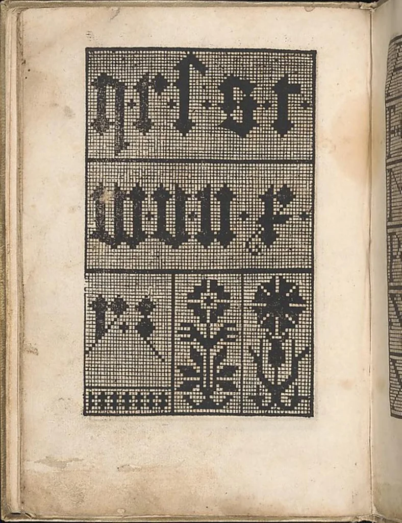 An illustration from Eyn new kunstlich boich dair yn .c. und .XXXVII. Figuren, monster ad `stalen befonden, wie man na der rechter art lauffer werck spansche stiche mit der naelen vort up der ramen und up der laden borden wirckenn sall wilche stalen alltzo somen verbessert synt., 1529, leaf 46