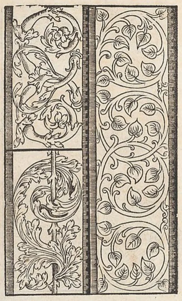 An illustration from Eyn new kunstlich boich dair yn .c. und .XXXVII. Figuren, monster ad `stalen befonden, wie man na der rechter art lauffer werck spansche stiche mit der naelen vort up der ramen und up der laden borden wirckenn sall wilche stalen alltzo somen verbessert synt., 1529, leaf 6