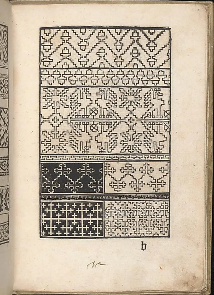An illustration from Eyn new kunstlich boich dair yn .c. und .XXXVII. Figuren, monster ad `stalen befonden, wie man na der rechter art lauffer werck spansche stiche mit der naelen vort up der ramen und up der laden borden wirckenn sall wilche stalen alltzo somen verbessert synt., 1529, leaf 9